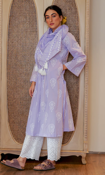 DAISY 2 LILAC FLORAL PRINTED KURTA WITH PALAZZO AND SCARF- SET OF 3