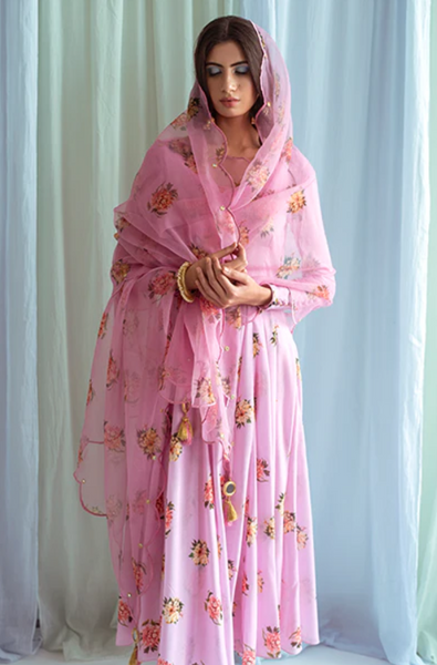 Amaltas Rose Pink Floral Printed Anarkali With Chooridar And Floral Printed Dupatta- Set Of 3