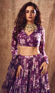Aamna Sharif In Falak Purple Floral Print Gathered Lehenga With Floral Blouse And Dupatta- Set Of 3