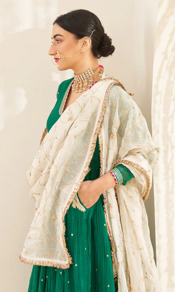 Mirzya - Emerald Green Anarkali Set With Embroidered Dupatta - Set Of 3