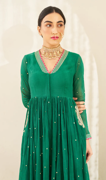 Mirzya - Emerald Green Anarkali Set With Embroidered Dupatta - Set Of 3