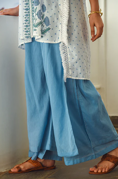 Meraki Blue Fringe Kaftan With Solid Double Layer Pyjamas Set Of 2
