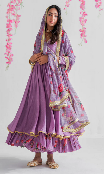 Firdaus Florals Purple Angrakha Style Tiered Anarkali With Churidar And Dupatta - Set Of 3