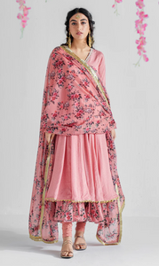 Firdaus Florals Dusty Pink Angrakha Style Tiered Anarkali With Churidar And Dupatta - Set Of 3