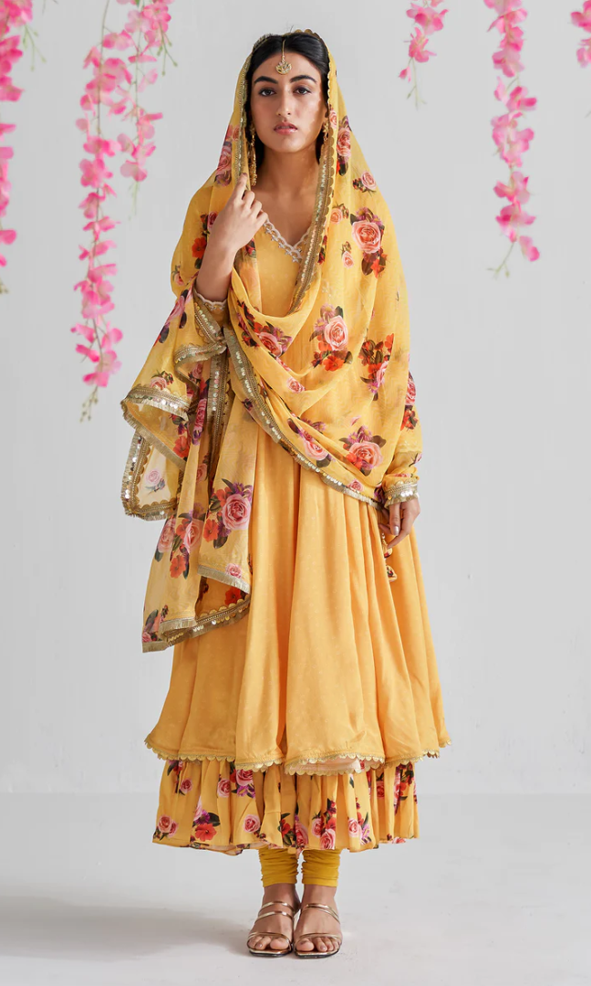 Firdaus Florals Yellow Angrakha Style Tiered Anarkali With Churidar And Dupatta - Set Of 3