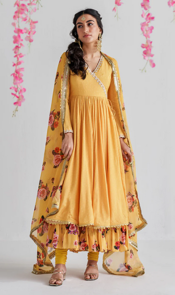 Firdaus Florals Yellow Angrakha Style Tiered Anarkali With Churidar And Dupatta - Set Of 3