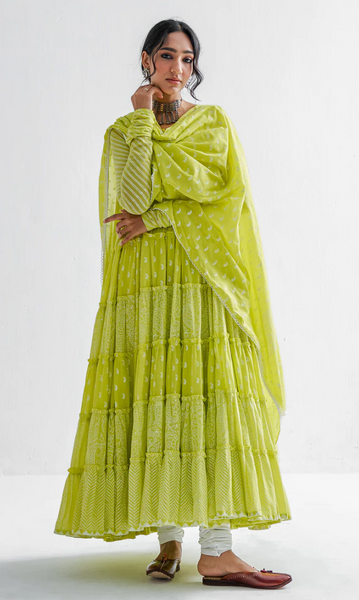 Firdaus Khari Lime Green Block Printed Tiered Anarkali - Set Of 3