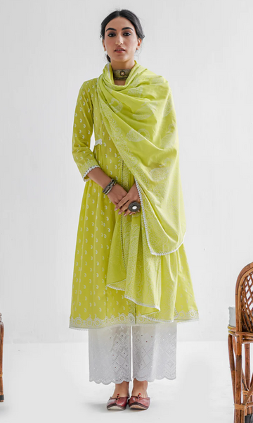 Firdaus Khari Lime Green Block Printed Suit - Set Of 3