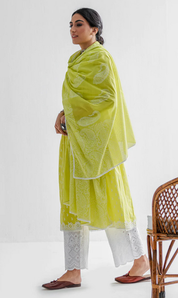 Firdaus Khari Lime Green Block Printed Suit - Set Of 3
