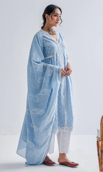Firdaus Khari Powder Blue Block Printed Suit - Set Of 3