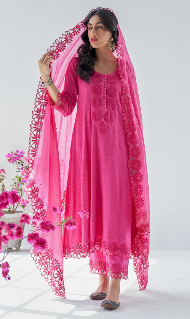 Firdaus Mughals Rani Pink Mukaish Work Kurta With Palazzo And Dupatta - Set Of 3