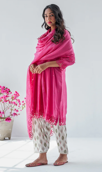 Firdaus Mughals Rani Pink Pintuck Kurta With Block Printed Salwar And Dupatta - Set Of 3