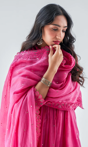 Firdaus Mughals Rani Pink Pintuck Kurta With Block Printed Salwar And Dupatta - Set Of 3