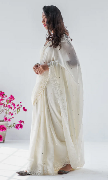 Firdaus Mughals Off White Sleeveless Mukaish Blouse With Mukaish And Floral Patch Work Saree And Petticoat - Set Of 3
