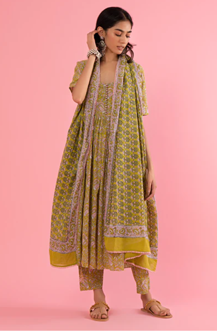 Kapaas (Blockprinted Cottons) Floral Hand Block Printed Anarkali With Printed Pants And Green Printed Dupatta - Set Of 3
