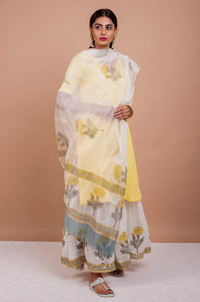 Goonj Lemon Yellow Mukaish Kurta With Marigold Block Printed Sharara- Set Of 3