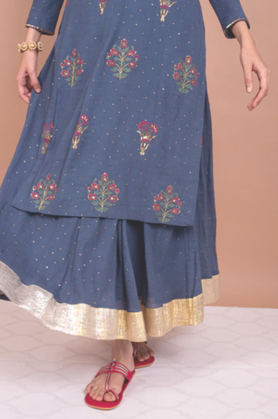 Hina Khan In Blue Mukaish Embroidered Kurta With Skirt And Dupatta - Set Of 3