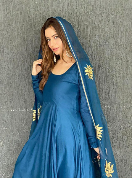 Aamna Sharif In Peacock Blue Anarkali With Churidaar With Foil Printed Dupatta - Set Of 3