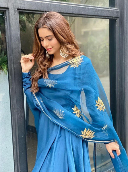Aamna Sharif In Peacock Blue Anarkali With Churidaar With Foil Printed Dupatta - Set Of 3