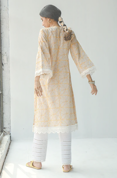 Hayat Mustard Yellow Chintz Print Kurta With Lace Pants - Set Of 2