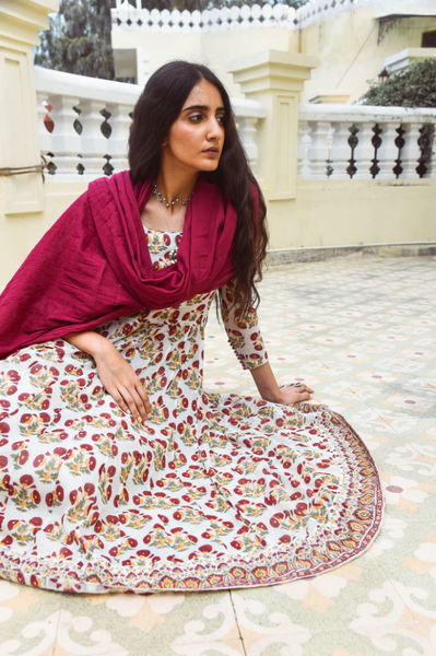 Ittar Red Mughal Printed Anarkali With Palazzo And Dupatta- Set Of 3