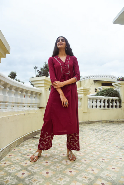 Ittar Red Front Gathered Embroidered Kurta With Palazzo - Set Of 2