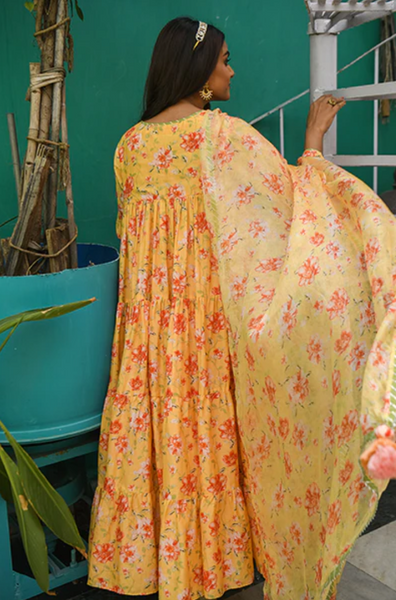 Phulwaari Yellow Floral Printed Gathered Anarkali With Pant And Dupatta