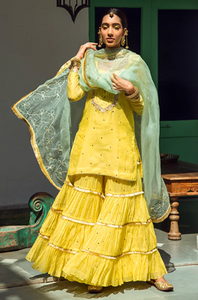 Rabab Yellow Kurta With Sharara And Dupatta- Set Of 3