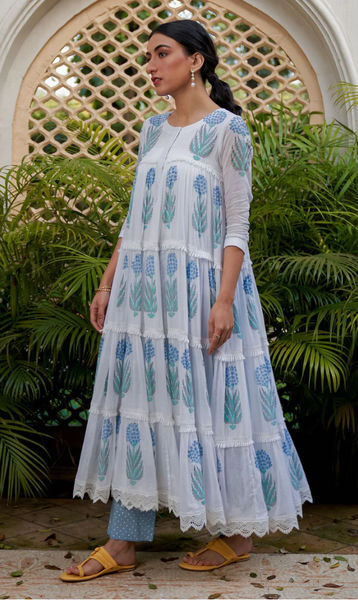 SUKOON POWDER BLUE BLOCK PRINTED TIERED ANARKALI WITH PANTS AND DUPATTA - SET OF 3