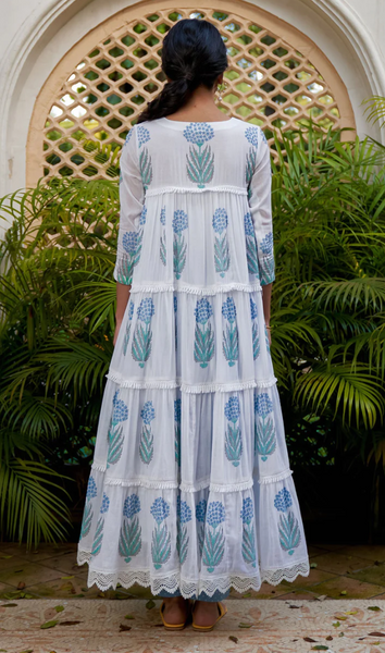 SUKOON POWDER BLUE BLOCK PRINTED TIERED ANARKALI WITH PANTS AND DUPATTA - SET OF 3