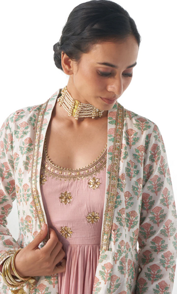 Jahanara Pink Gota Embroidered Anarkali With Chooridar And Jacket- Set Of 3