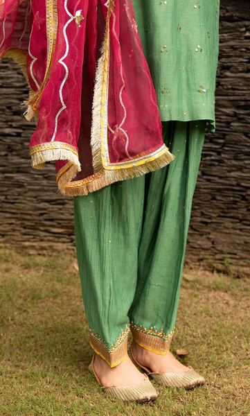 Jamaal Green Mukaish Chanderi Kurta With Mukaish Chanderi Salwar And Rani Pink Organza Dupatta - Set Of 3
