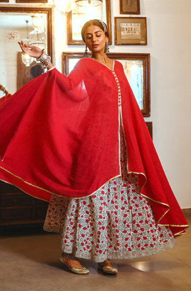 Leila Red Cape With Blockprinted Bustier And Kali Sharara