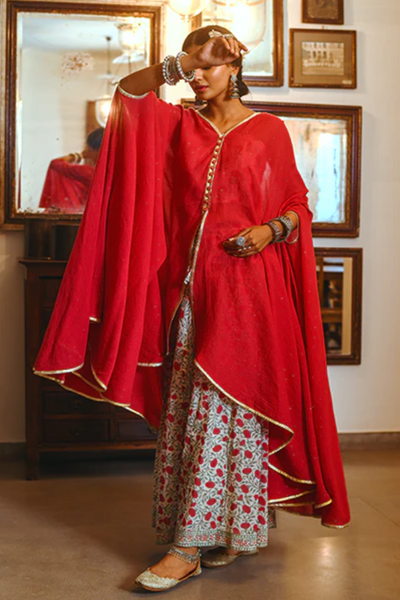 Leila Red Cape With Blockprinted Bustier And Kali Sharara