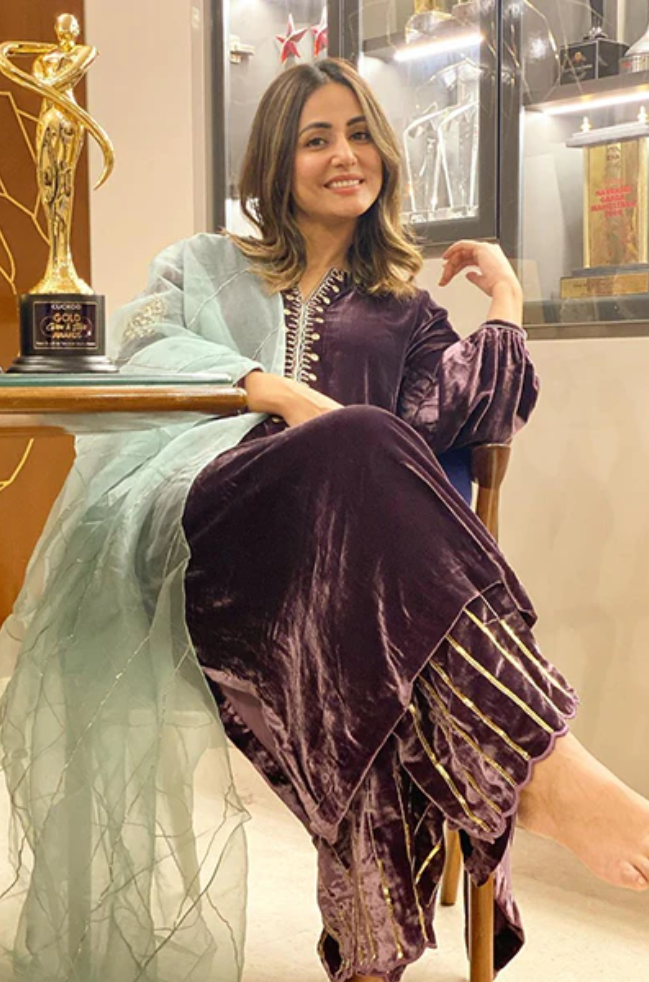 Hina Khan In Makhmalee Plum Velvet Sleeve Embroidered Suit With Dupatta