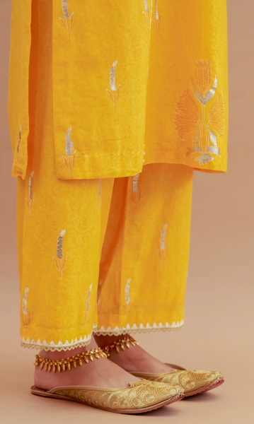 Rumi Foils - Mustard Yellow Block Printed Kurta With Palazzo And Dupatta - Set Of 3
