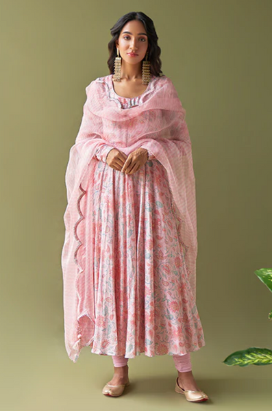 Ulfat Pink Floral Anarkali With Chooridar And Organza Lehariya Dupatta- Set Of 3