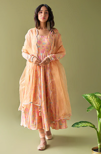 Ulfat Orange Floral Anarkali With Chooridar And Organza Lehariya Dupatta- Set Of 3