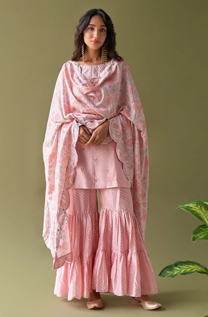 Ulfat Pink Mukaish Silk Muslin Kurta With Lehariya Sharara And Floral Print Dupatta- Set Of 3