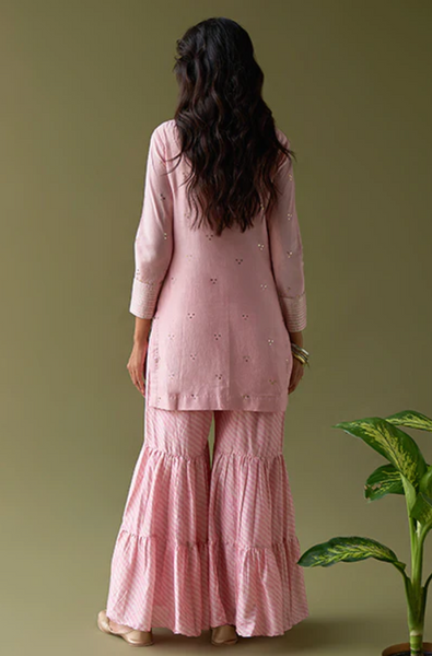 Ulfat Pink Mukaish Silk Muslin Kurta With Lehariya Sharara And Floral Print Dupatta- Set Of 3