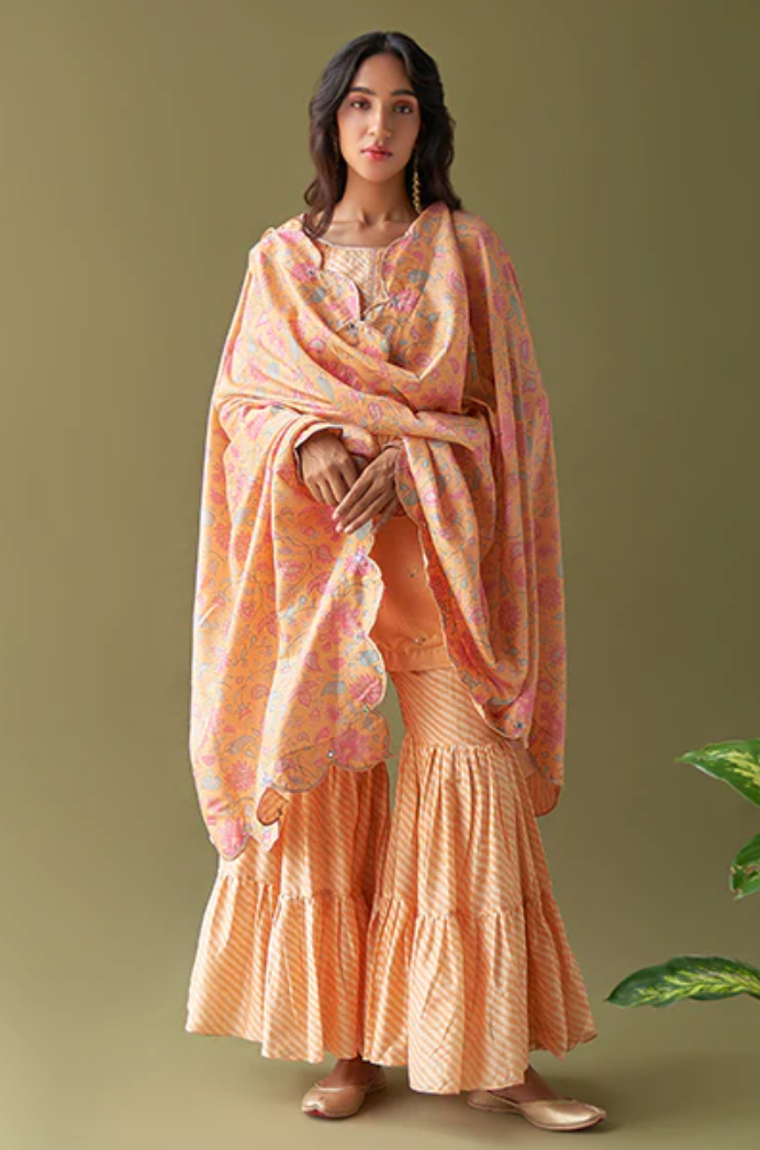 Ulfat Orange Mukaish Silk Muslin Kurta With Lehariya Print Sharara And Floral Print Dupatta- Set Of 3