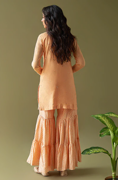 Ulfat Orange Mukaish Silk Muslin Kurta With Lehariya Print Sharara And Floral Print Dupatta- Set Of 3
