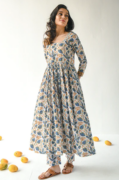 Noor Blue And White Hand Block Printed Anarkali With Palazzo And Blue Dupatta - Set Of 3