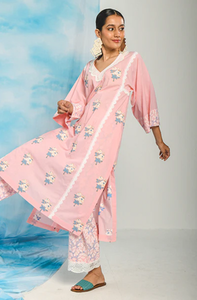 Nargis Soft Pink Floral Printed Choga With Jaal Printed Palazzo And Dupatta - Set Of 3