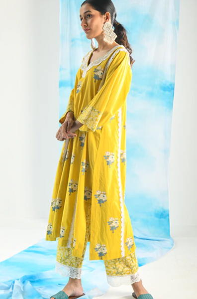 Nargis Mustard Yellow Floral Printed Choga With Jaal Printed Palazzo - Set Of 2