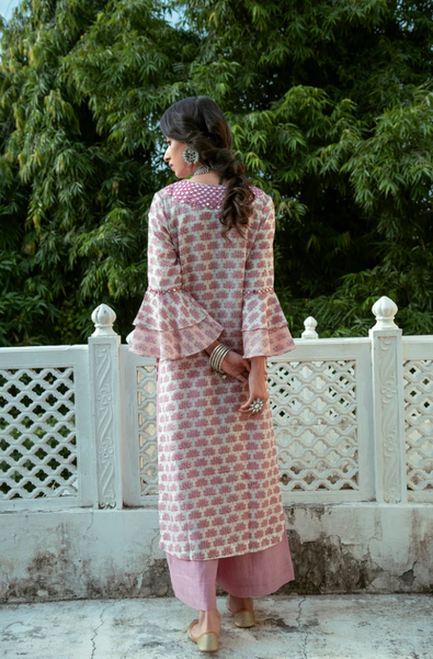 Pariza Lotus Embroidered Bell Sleeve Kurta With Palazzo Set Of 2- Pink