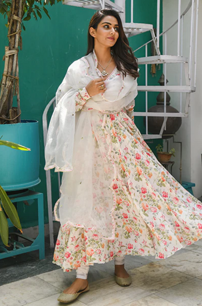 Phulwaari White Floral Printed Yoke Anarkali With Chooridar And Dupatta- Set Of 3