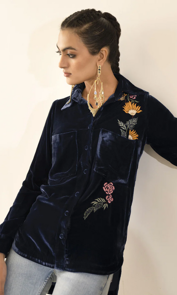 Royal Blue Velvet Embroidered Shirt