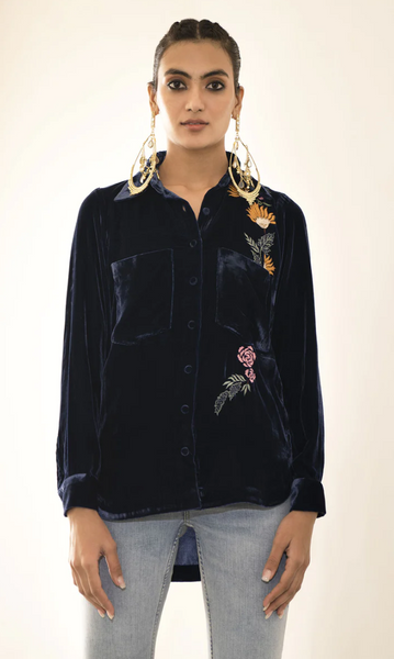 Royal Blue Velvet Embroidered Shirt