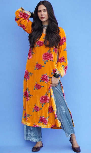 Sonam Bajwa In Bareen Floral Mustard Velvet Straight Kurta With Velvet Palazzo - Set Of 2